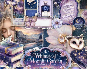 Kit para impressão de diário de lixo de jardim iluminado pela lua, itens digitais de bruxa, scrapbook lunar, papel de fundo gótico, páginas, flor celestial, fantasia, bujo