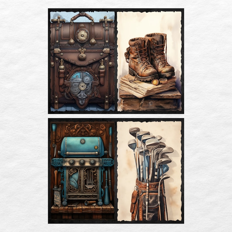 May include: A vintage-style illustration of a set of four images. The top left image shows a brown leather suitcase with intricate metal details. The top right image shows a pair of brown leather boots on a stack of books. The bottom left image shows a blue and brown vintage-style grill. The bottom right image shows a brown leather golf bag with golf clubs.