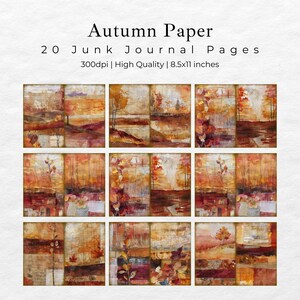 May include: 20 digital paper pages with autumnal landscapes in shades of brown, orange, red, and yellow. The papers are perfect for junk journaling, scrapbooking, or other paper crafts.