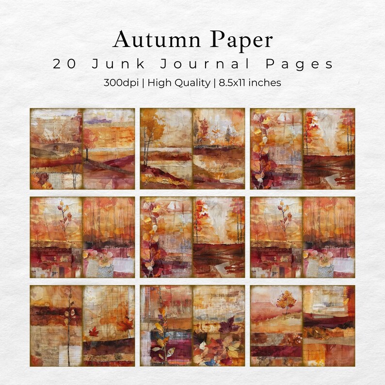 May include: 20 digital paper pages with autumnal landscapes in shades of brown, orange, red, and yellow. The papers are perfect for junk journaling, scrapbooking, or other paper crafts.