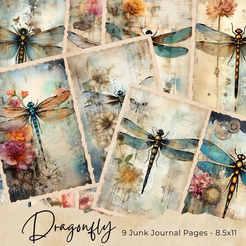 This digital download consists of 9 printable junk journal pages, each page consists of two illustrations.This bundle includes illustrations of grunge dragonflys with florals.