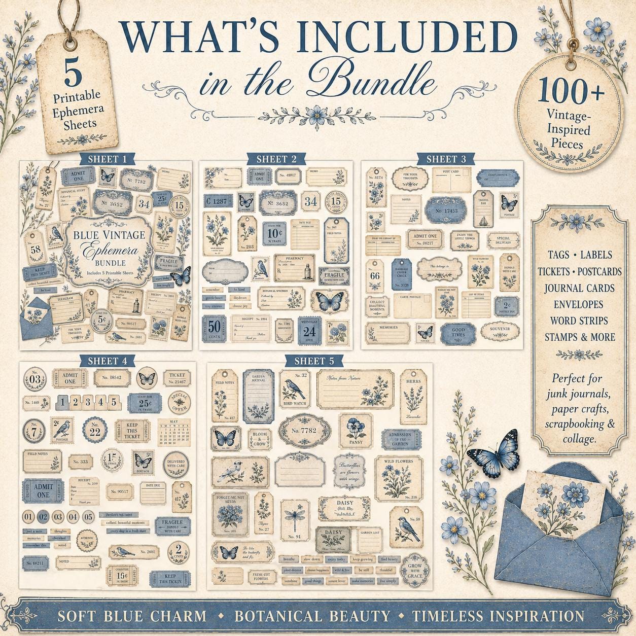 Blue Vintage Ephemera Bundle, Printable Junk Journal Kit, Blue Floral ...