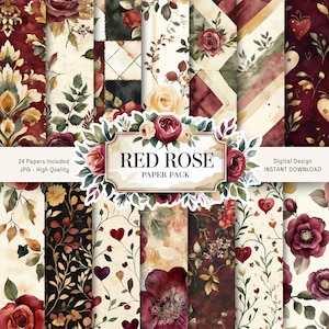 Shabby Chic Rote Rose Papier Junk Journal (Druckbare JPG Seiten mit Ephemera, Cover, Tags), Pastell, Vogel, Rose Digitales Papier, Digital Download