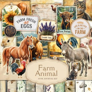 Farm Junk Journal Kit, Digital Watercolor Countryside Paper, Printable Vintage Scrapbook Kit, Farm Animals Collage Sheet, Country Living
