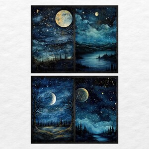 May include: A collage of four images depicting a starry night sky with different moons and landscapes. The top left image shows a full moon with a starry sky and a distant forest. The top right image shows a crescent moon with a starry sky and a lake with mountains in the background. The bottom left image shows a crescent moon with a starry sky and a forest with a path leading to a clearing. The bottom right image shows a full moon with a starry sky and a river flowing through a forest.
