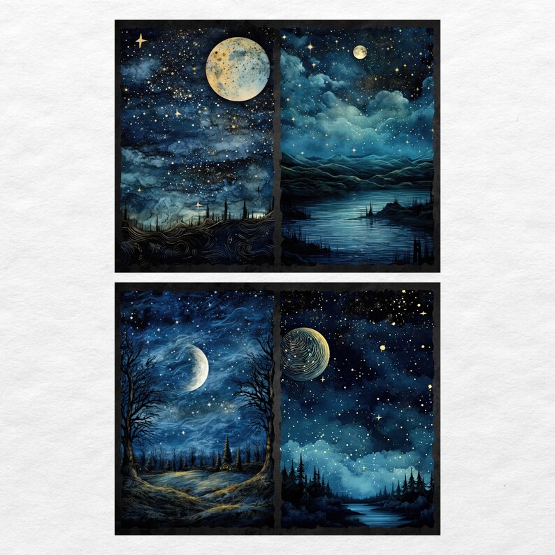 May include: A collage of four images depicting a starry night sky with different moons and landscapes. The top left image shows a full moon with a starry sky and a distant forest. The top right image shows a crescent moon with a starry sky and a lake with mountains in the background. The bottom left image shows a crescent moon with a starry sky and a forest with a path leading to a clearing. The bottom right image shows a full moon with a starry sky and a river flowing through a forest.