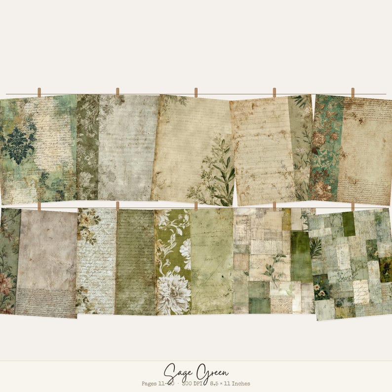 Sage Green Junk Journal Pages, Printable Vintage Collage Papers ...