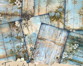 Floral Wood Junk Journal Pages | Digital Scrapbook Paper Kit | Wooden Printable | Collage Sheet | Vintage Flowers | Wood Panel Background