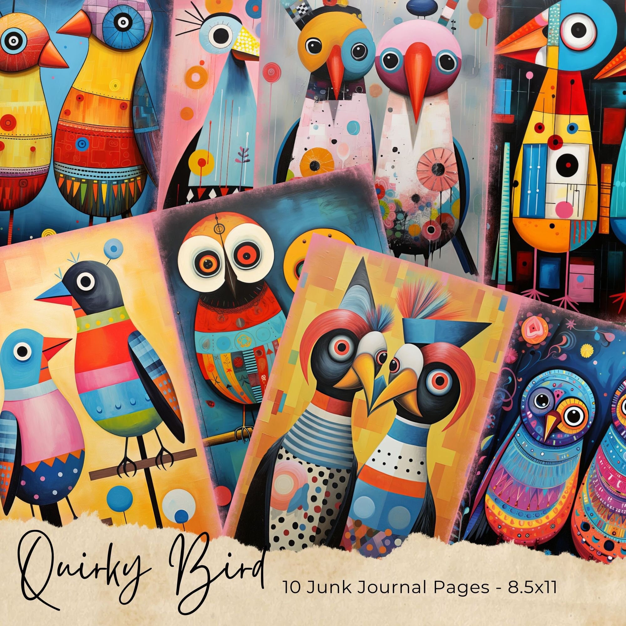 Quirky Birds Junk Journal, Bird Pages, Bird On a Rope Junk Journal , Bird Lovers Junk Journal, Digi Kit, Printable Journal, Digital Crafts