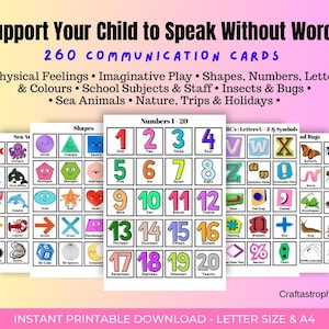 May include: A set of printable communication cards with the text "Support Your Child to Speak Without Words." The cards cover topics like shapes, numbers, letters, and sea animals. The cards are letter size.
