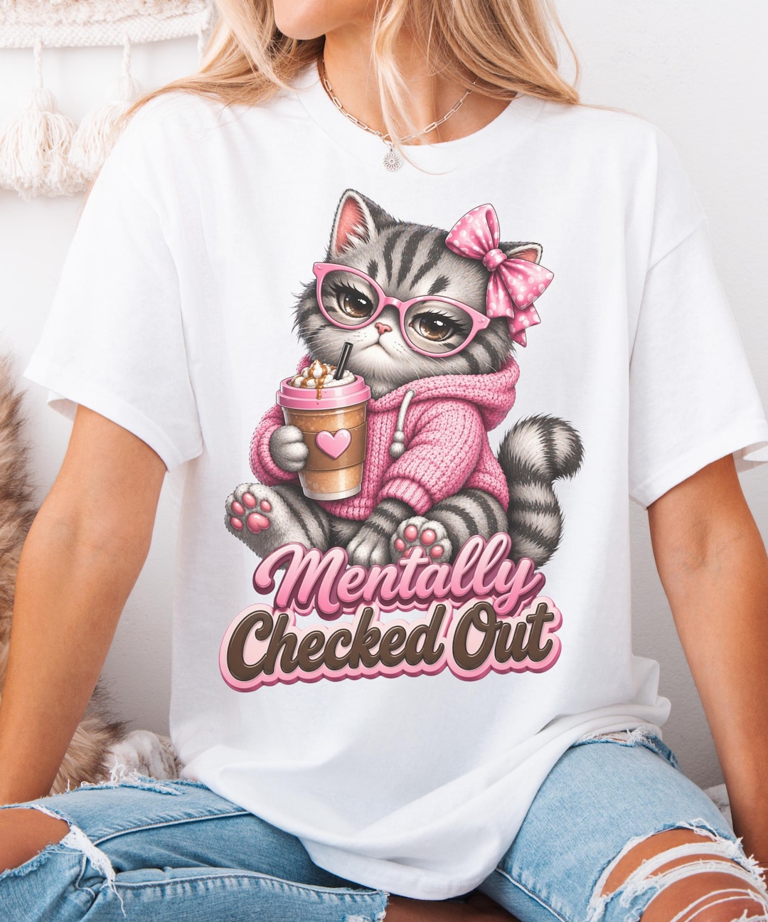 Checked Cat Mentally Checked Out Cat PNG: Kawaii Coffee Lover Digital Design (PNG ...