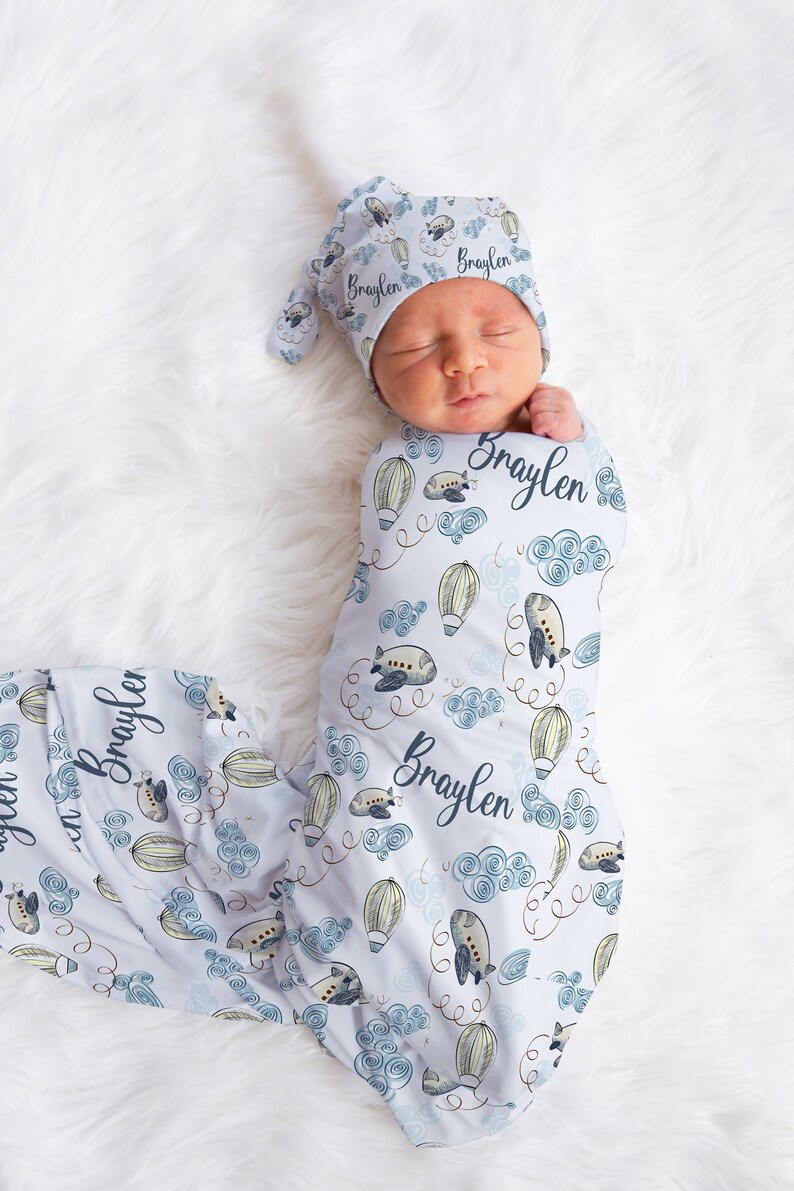 Baby Name Swaddle Blanket Set / Newborn Beanie Knotted Hat / Etsy
