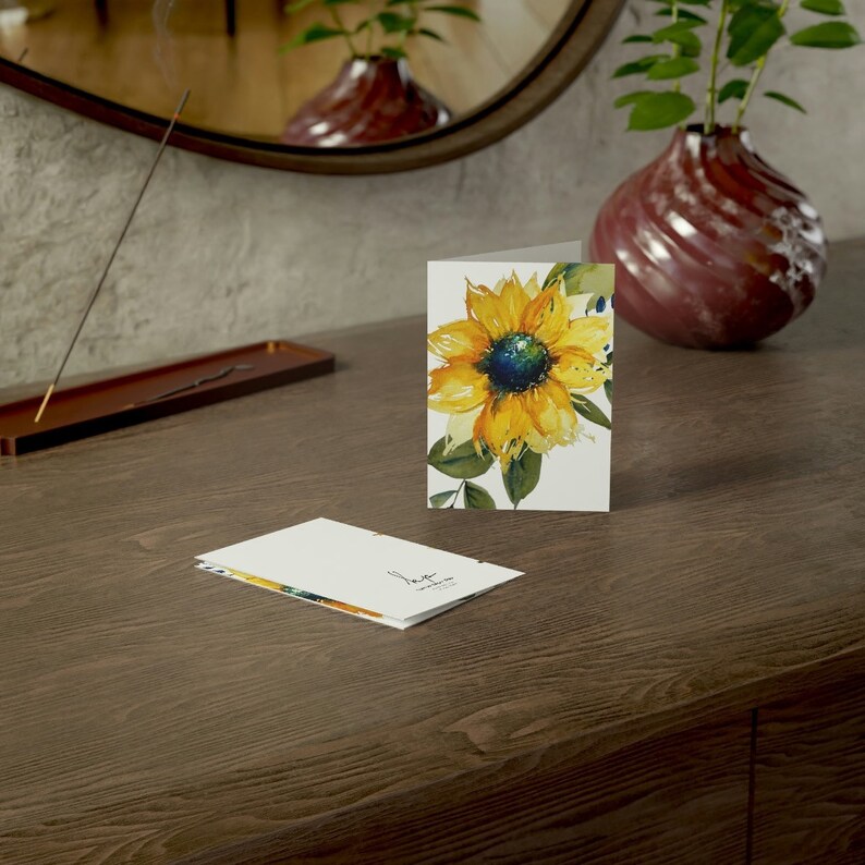 Sunflower Art Watercolor Print Folded Greeting Cards (1, 10, 30, and ...