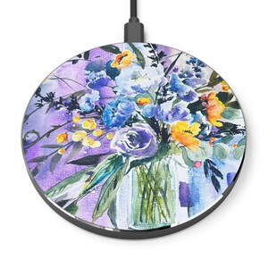 Purple Peonies Bouquet Watercolor Art Wireless Charger