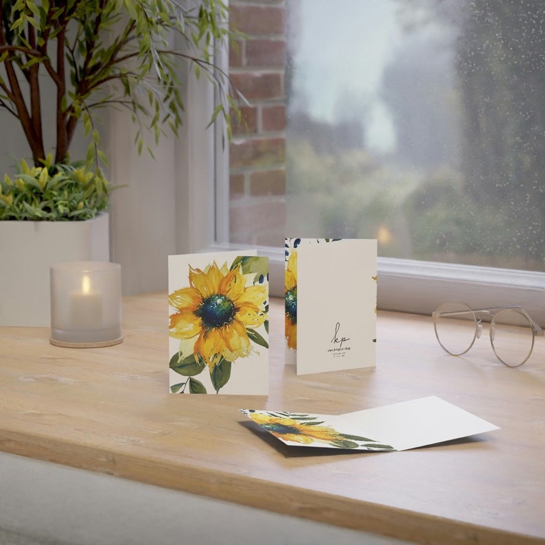 Sunflower Art Watercolor Print Folded Greeting Cards (1, 10, 30, and ...