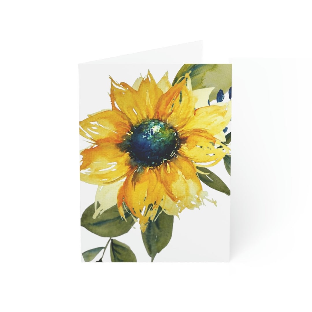 Sunflower Art Watercolor Print Folded Greeting Cards (1, 10, 30, and ...
