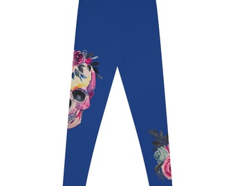 Skull Blue Stretchy Leggings, Pink Floral
