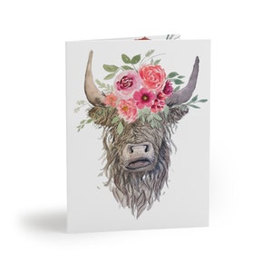 Highland Cow Pink and Coral Aquarelle Florales Cartes de vœux vierges (8, 16 et 24 pcs)