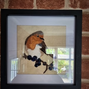 robin redbreast thread painted art wall hanging