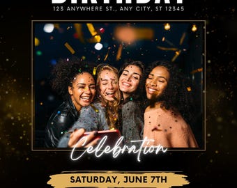 May include: A black and gold birthday party invitation with a photo of four friends taking a selfie. The invitation says "Alexa's Birthday" and "Saturday, June 7th".