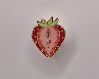 Strawberry Vulva Pin for jackets, bags, and hats, Mature Content