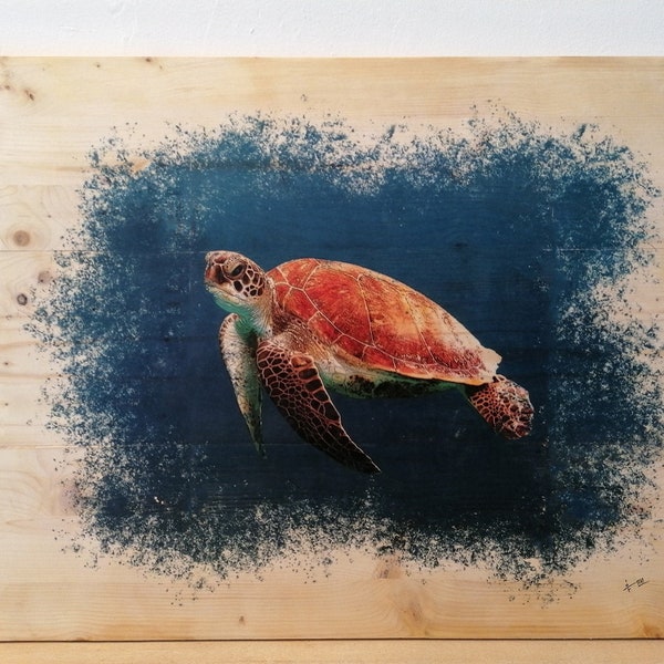 Tableau bois, tableau tortue, décoration murale, palette, bois, tortue de mer