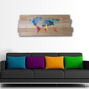 Tableau bois, tableau mappemonde, décoration murale, mappemonde