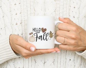 Hello Fall Mug, Pumpkin Coffee Mug, Pumpkin Spice, Cute Autumn Mug, Fall Leaves Mug, Fall Graphic Cup