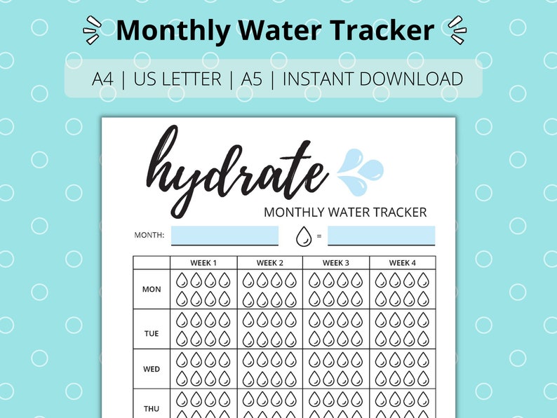 Monthly Water Intake Tracker Printable PDF Digital Download Etsy