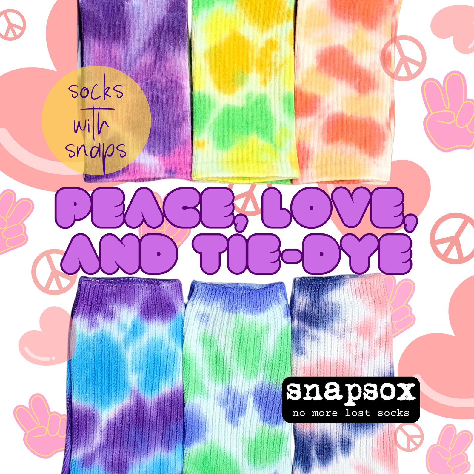 Snapsox NO MORE LOST Socks Tiedye Adult Socks. Tiedye Cotton Socks