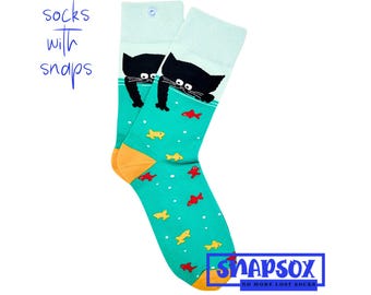 Funny Black Cat & Fish Socks with Snaps - Fun Novelty for Cat Lovers - Cute, Colorful Gift Idea - No More Lost Socks - *Free Shipping!