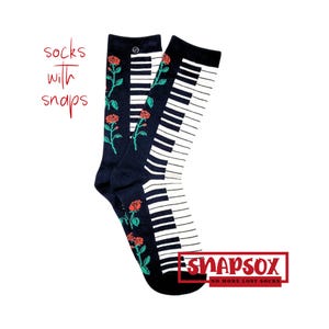 Funky Floral Music-Themed Socks with Snaps – Piano Keys and Red Rose Design – Unique Music Lover Gift – No More Lost Socks – Free Shipping!