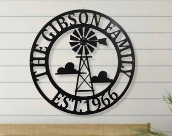 Gepersonaliseerde windmolen muur decor gepersonaliseerde windmolen teken aangepaste windmolen decor metalen familienaam teken achternaam boerderij decor boerderij teken