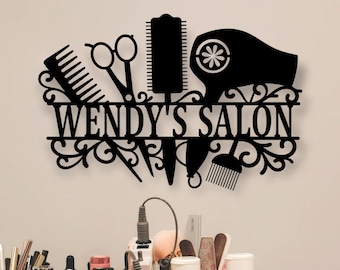 Segno del salone, Segno del salone di bellezza personalizzato, Segno del parrucchiere personalizzato, Segnaletica aziendale personalizzata, Segno di metallo per salone, Arredamento, Segno del salone di ingresso