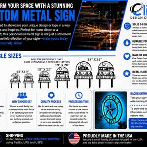 May include: Custom metal signs with various sizes and designs are displayed. The signs are personalized and suitable for home decor or gifts. The image includes text about the product's features, such as durable powder coating and solid 14-gauge steel.