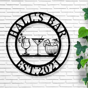 May include: Black metal sign with the text "Halls Bar Est 2021" and images of three tropical drinks, including a cocktail, a martini, and a coconut with a straw.