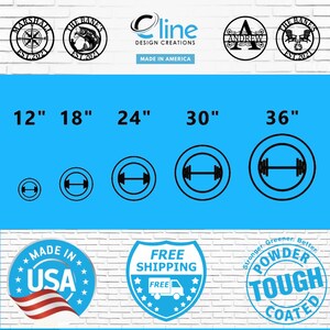 May include: Black metal wall art with various designs, including a compass, fish, and monogram. Sizes range from 30.5 to 91.4 cm. The image also displays a barbell design in a circle. The text "Made in America" is visible.