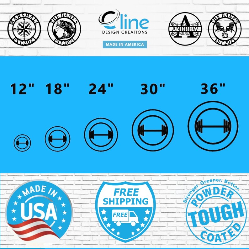 May include: Black metal wall art with various designs, including a compass, fish, and monogram. Sizes range from 30.5 to 91.4 cm. The image also displays a barbell design in a circle. The text "Made in America" is visible.