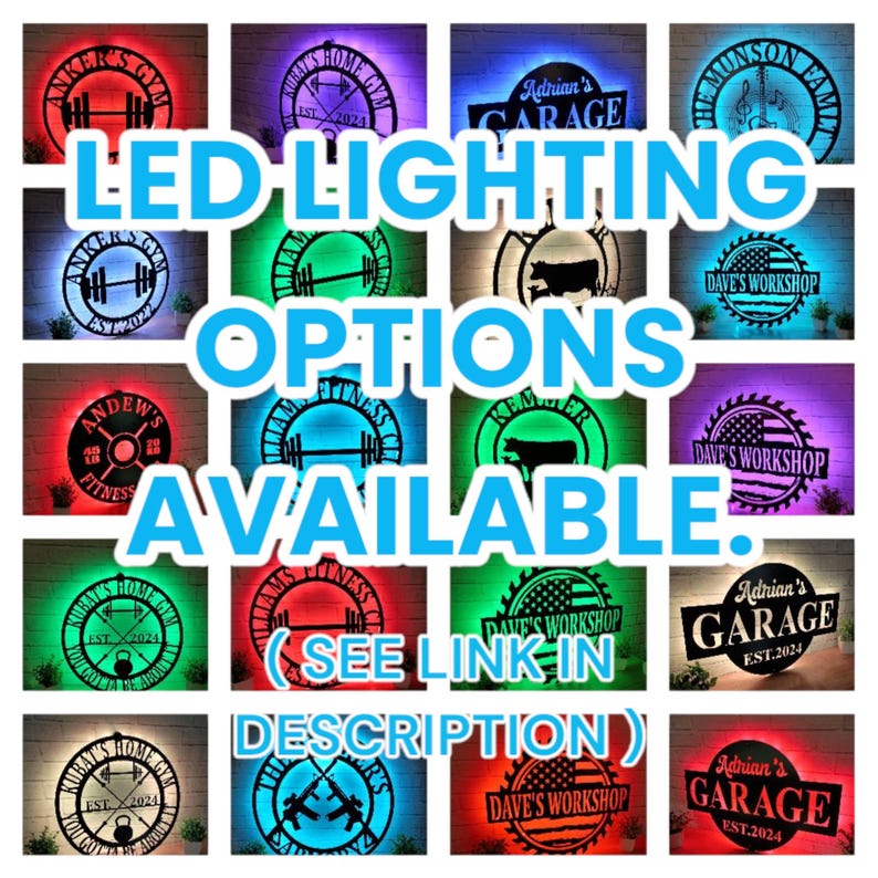 K&ouml;nnte beinhalten: Eine Collage von Metallschildern mit LED-Beleuchtungsoptionen. Die Schilder zeigen verschiedene Designs, darunter Garagen-, Fitnessstudio- und Werkstattthemen. Text enth&auml;lt "LED LIGHTING OPTIONS AVAILABLE".