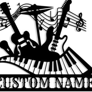 May include: Black and white silhouette of a guitar, piano keys, and microphone with musical notes. The text "CUSTOM NAME" is at the bottom of the image.