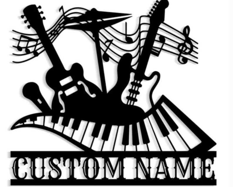 May include: Black and white silhouette of a guitar, piano keys, and microphone with musical notes. The text "CUSTOM NAME" is at the bottom of the image.
