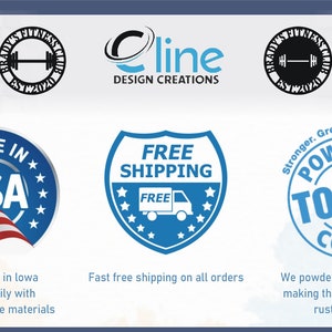May include: A blue and white sign with the text "Made in USA" and a small American flag. The sign is surrounded by white stars. Below the sign is the text "Hand made in Iowa by our family with American made materials".