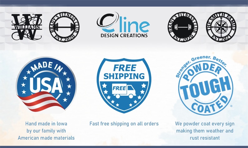 May include: A blue and white sign with the text "Made in USA" and a small American flag. The sign is surrounded by white stars. Below the sign is the text "Hand made in Iowa by our family with American made materials".