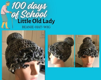 Little Old Lady-Beanie Hat-Wig, for 100th day of school, dress up, cosplay, theater, silly hat