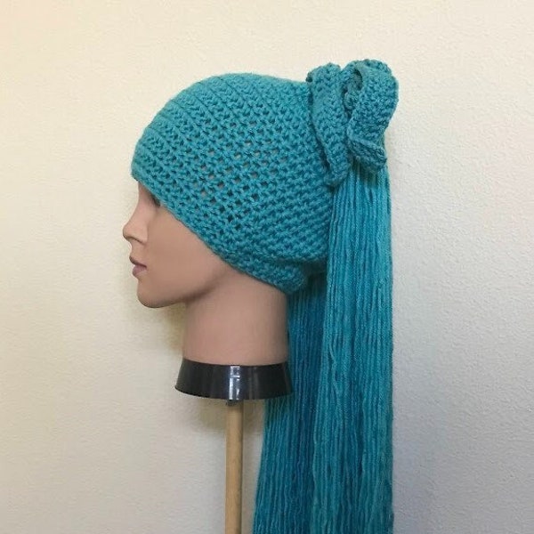 Anime, Blue ponytail Beanie-Hat-WIG For Dress up, Cosplay,  crochet w removable blue ribbons, anime trims could be added