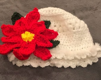 Retro 1920s styled  Winter Poinsettia Woman's Beanie-Hat, fur yarn trim at edge Adj. size child to Adult, Chemo soft for tender heads