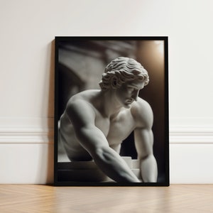 May include: A black and white photograph of a marble statue of a man with a thoughtful expression. The statue is posed in a seated position with one arm resting on a pedestal.