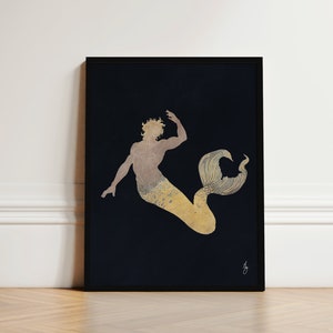 Minimalistische Gay Art Print Gay Male Schilderij Ingelijste Gay Art Gay Zeemeermin Print Art Deco Gold Gay Merman Dark 1