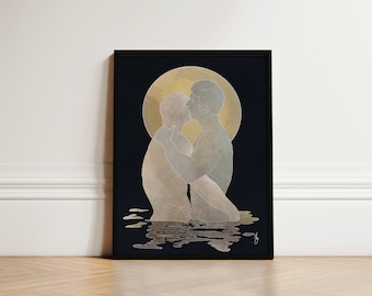 Framed Gay Art Print: Fluid Kiss, Minimalist Art Deco Style