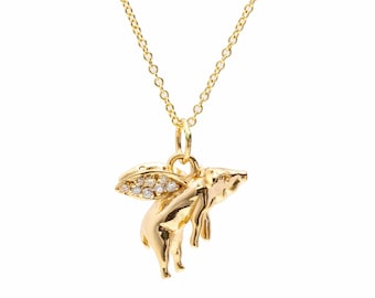 14k Gold & Diamond &quot;When Pigs Fly&quot; Adjustable Necklace